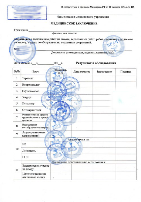 Справка 405 для работы на высоте в Краснодаре без визита к врачу